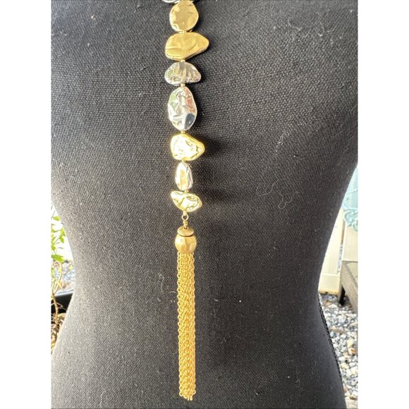 Chicos Silver & Gold Tone 20" Long Rope Tassel Link Chain Statement Necklace NEW - Picture 5 of 16